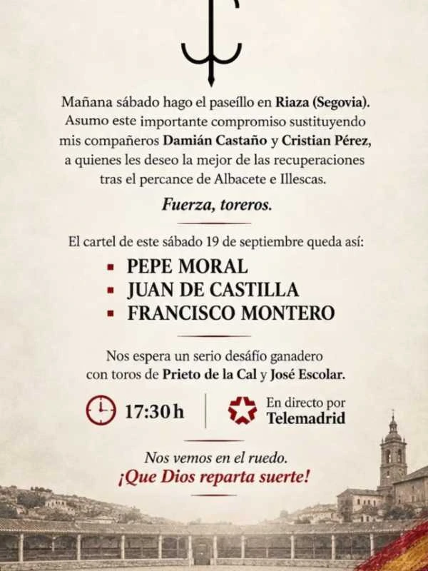 Juan de Castilla sustituye a Damián Castaño en Riaza ante los toros de Prieto de la Cal y José Escolar